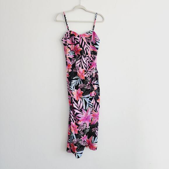 Zara Tropical Floral Print Corset Style Maxi / Midi Dress Side Slit Size Medium - Picture 2 of 11